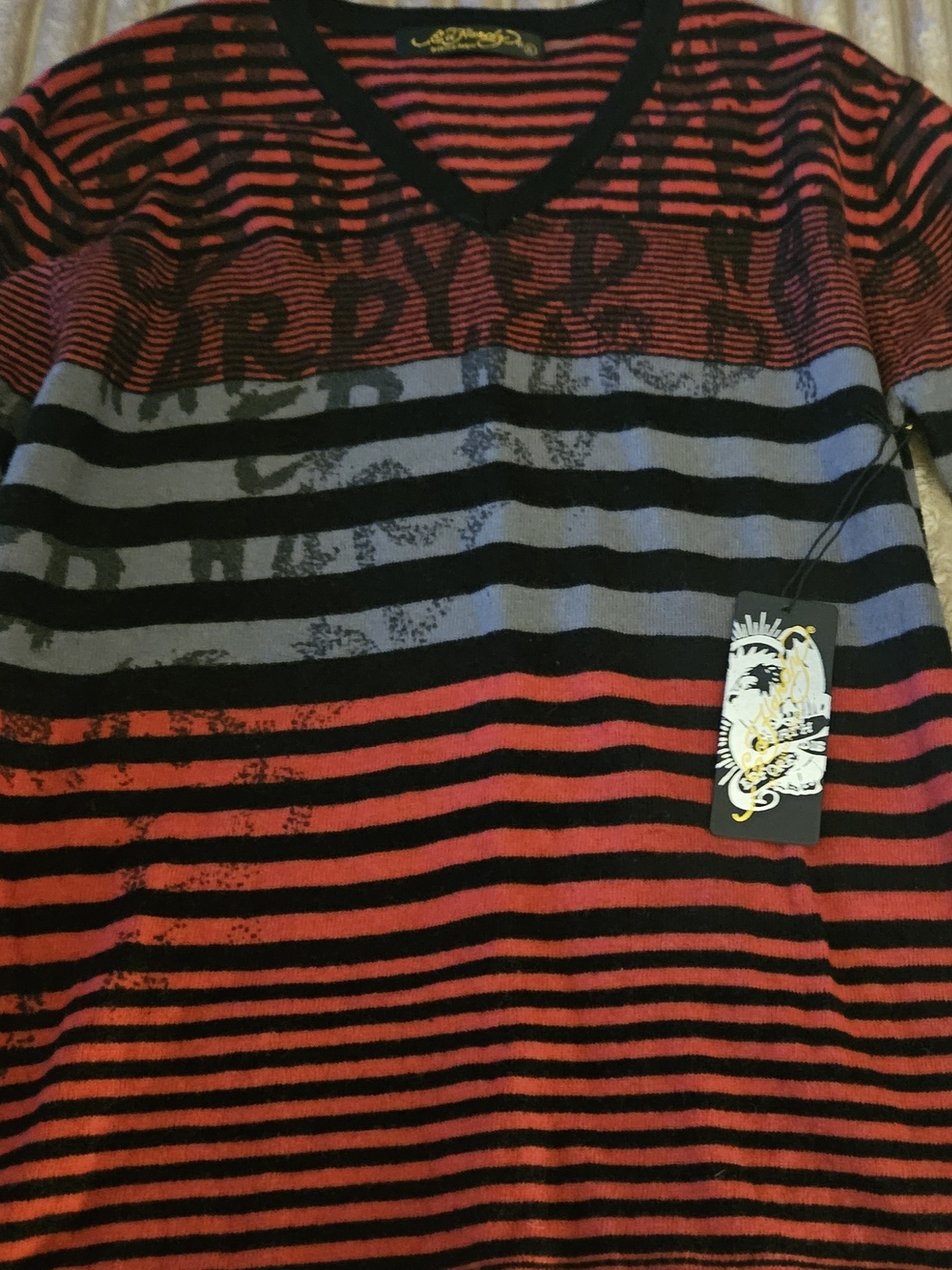 Ed Hardy Red & Black Striped V-Neck Sweater with Gray Accents